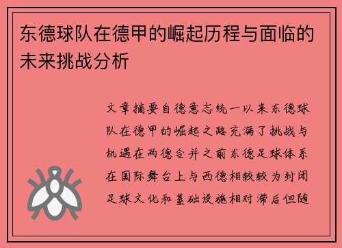 东德球队在德甲的崛起历程与面临的未来挑战分析