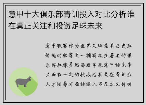 意甲十大俱乐部青训投入对比分析谁在真正关注和投资足球未来