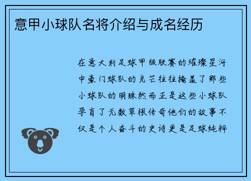 意甲小球队名将介绍与成名经历