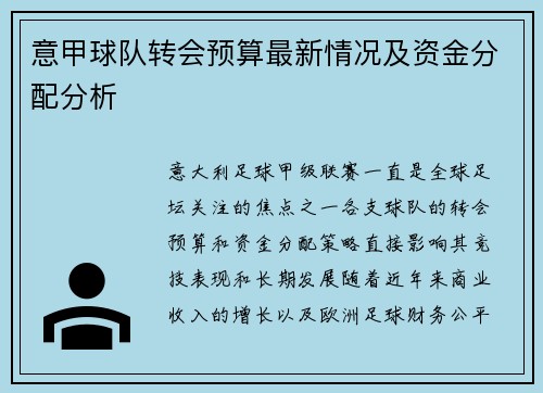 意甲球队转会预算最新情况及资金分配分析