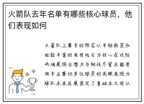 火箭队去年名单有哪些核心球员，他们表现如何